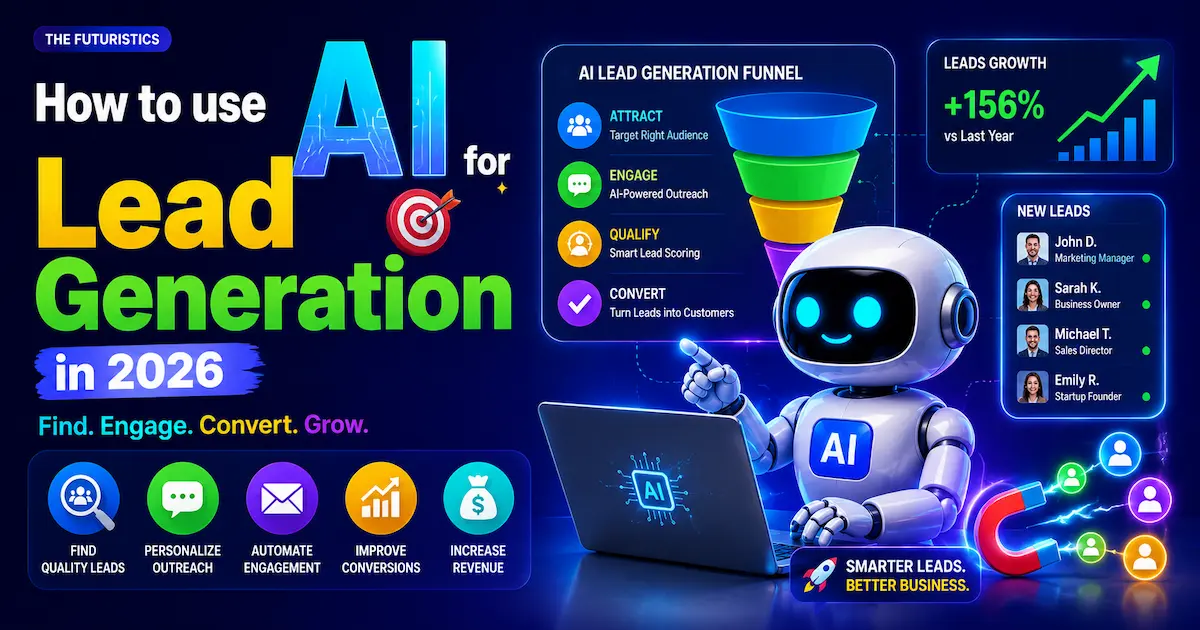 Illustration showing how to use AI for lead generation in 2026 with AI automation, lead scoring, personalized outreach, and sales funnel optimization.