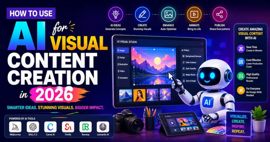 AI visual content creation tools in 2026 helping users design images, videos, animations, and graphics using artificial intelligence.