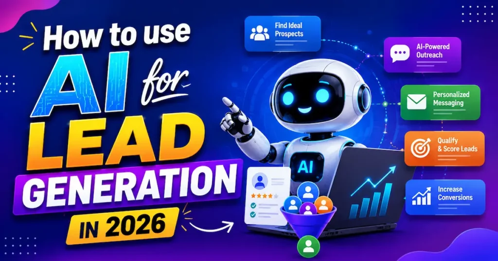 Colorful futuristic AI lead generation illustration featuring a smart robot, digital marketing dashboard, sales funnel, and growth analytics for 2026.