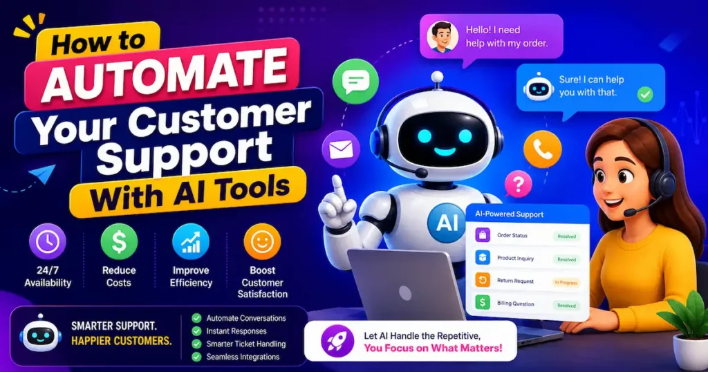 Colorful AI customer support automation banner featuring a chatbot robot, support agent, and AI-powered customer service dashboard.