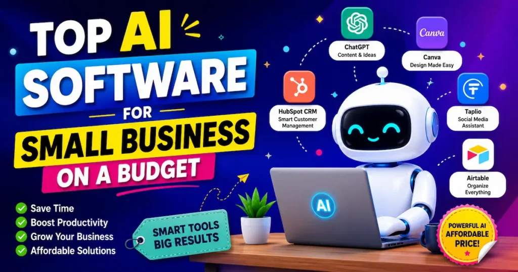 Top AI software tools for small businesses on a budget including ChatGPT, Canva, HubSpot, Airtable, and Taplio.