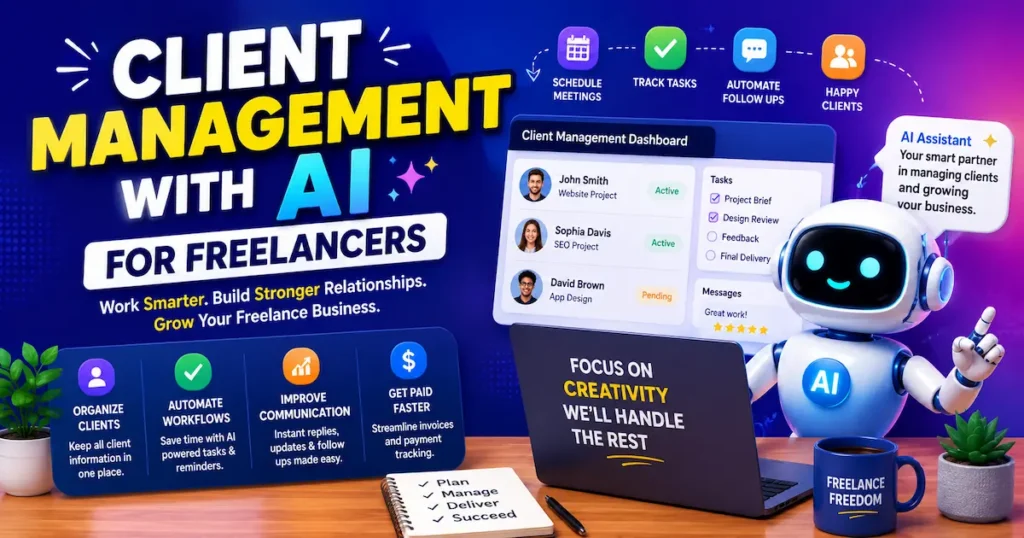 Colorful illustration showing AI-powered client management tools for freelancers, including client tracking, workflow automation, task management, and communication features.
