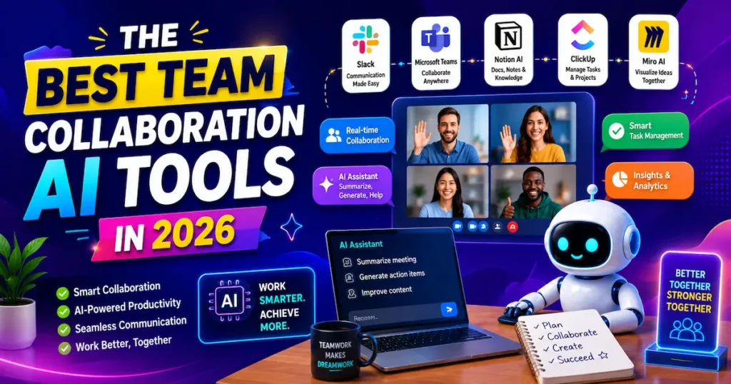 Colorful illustration showcasing the best team collaboration AI tools in 2026 with virtual meetings, project management, AI assistants, and productivity features.