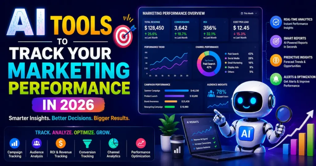 AI marketing performance tracking tools dashboard showing analytics, ROI monitoring, campaign insights, and performance optimization in 2026.