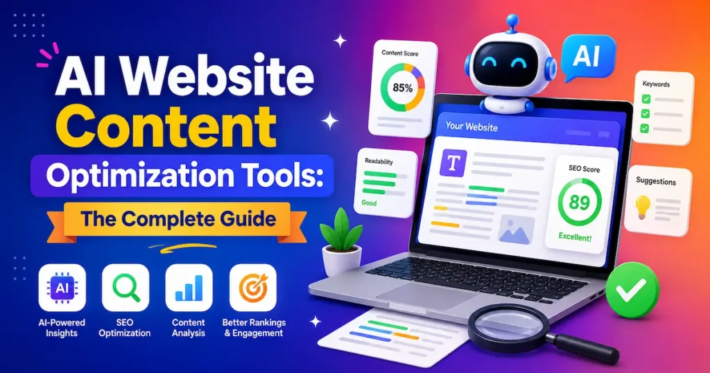 AI website content optimization tools dashboard showing SEO analysis, content scoring, keyword optimization, and AI-powered recommendations.