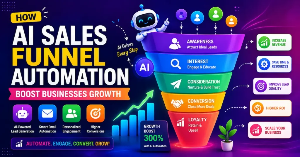 AI sales funnel automation process showing lead generation, customer engagement, conversion optimization, and business growth strategies.