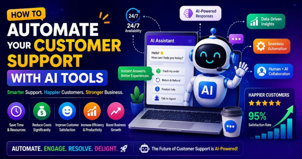 AI-powered customer support automation dashboard showing chatbot assistance, 24/7 support, instant responses, and improved customer satisfaction.