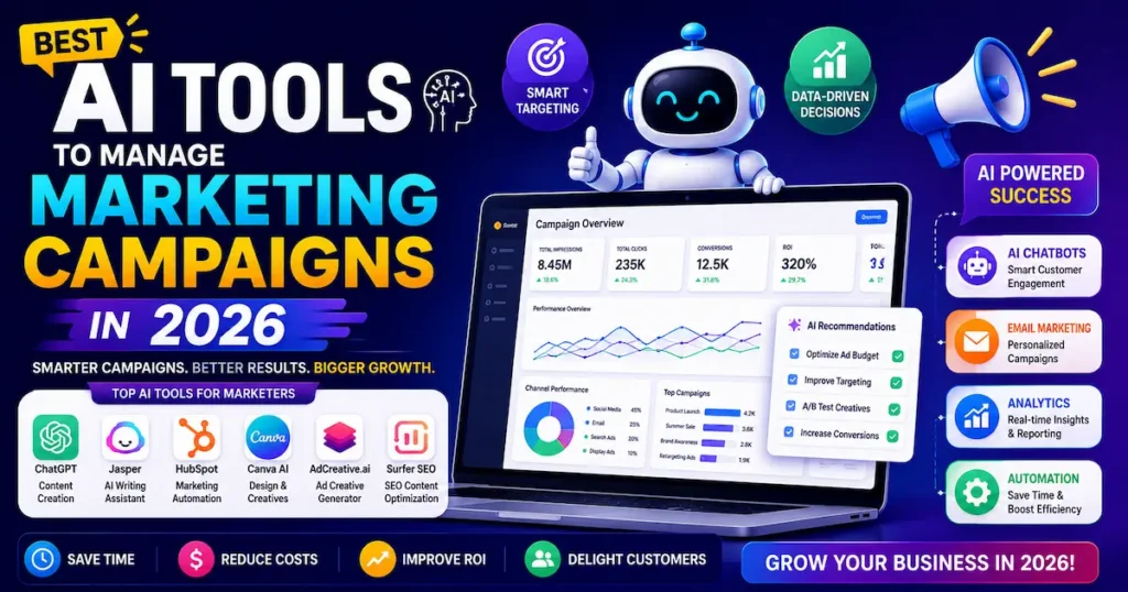 Best AI tools for managing marketing campaigns in 2026, featuring AI automation, campaign analytics, customer engagement, and marketing optimization tools.