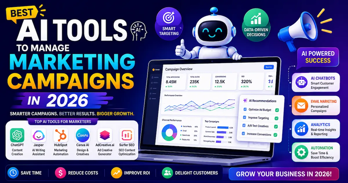Best AI tools for managing marketing campaigns in 2026, featuring AI automation, campaign analytics, customer engagement, and marketing optimization tools.