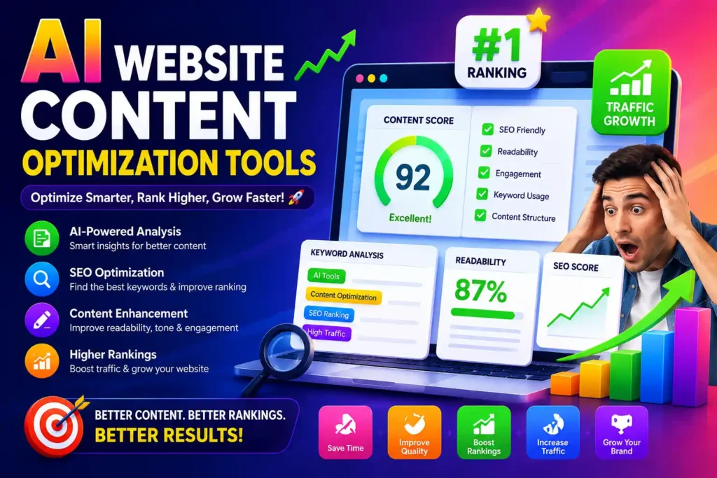 AI Website Content Optimization Tools banner showing a surprised man looking at high SEO rankings, traffic growth charts, content score dashboard, and colorful AI-powered website optimization features"