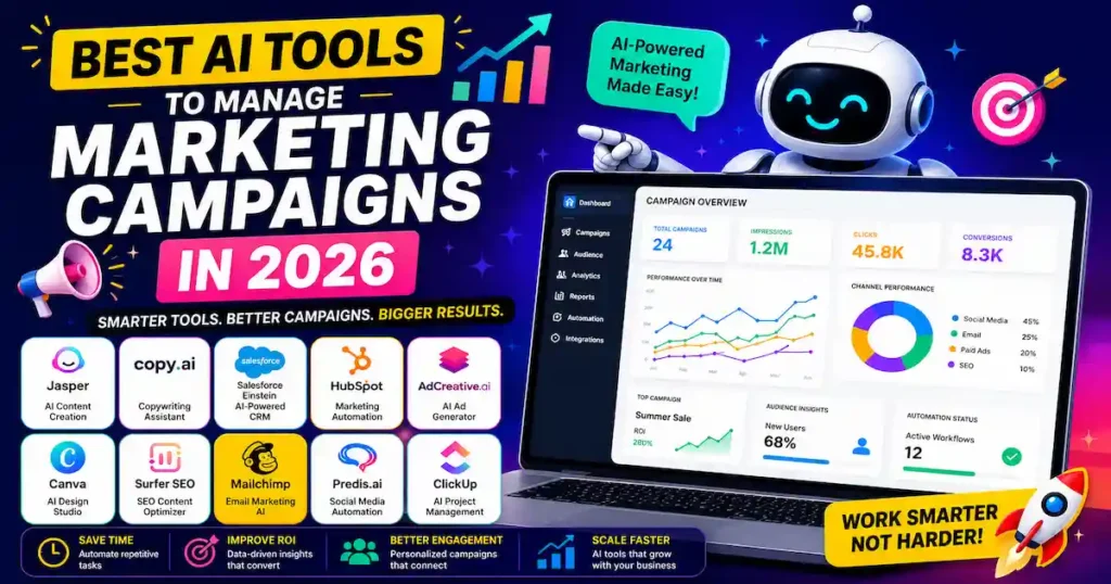 AI marketing campaign management tools dashboard with automation software, analytics charts, social media AI tools, and futuristic marketing robot for 2026