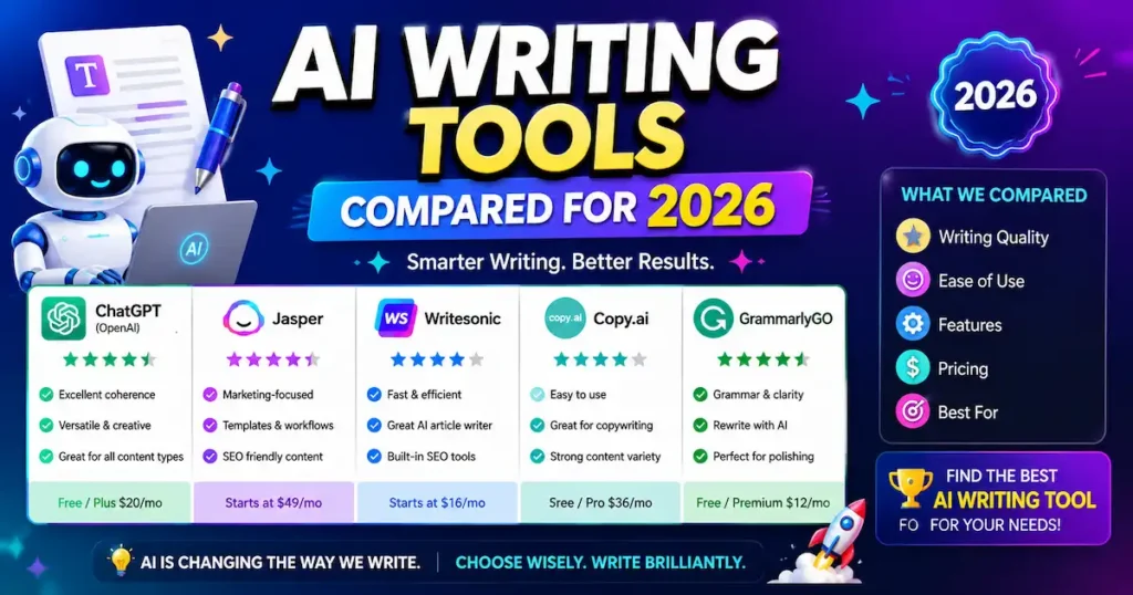 Colorful infographic comparing the best AI writing tools for 2026 including ChatGPT, Jasper, Writesonic, Copy.ai, and GrammarlyGO