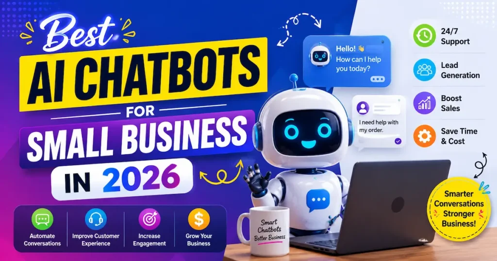 Colorful illustration of the best AI chatbots for small businesses in 2026 featuring a smart AI robot, customer support automation, lead generation, and business growth concepts.