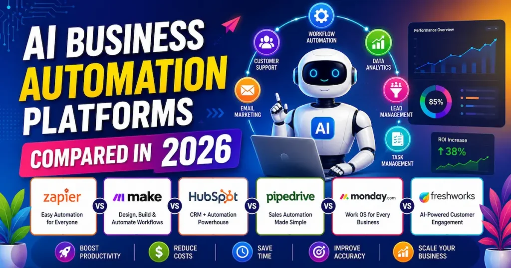 AI business automation platforms compared in 2026 showing modern AI tools, workflow automation, analytics dashboard, and business productivity concepts