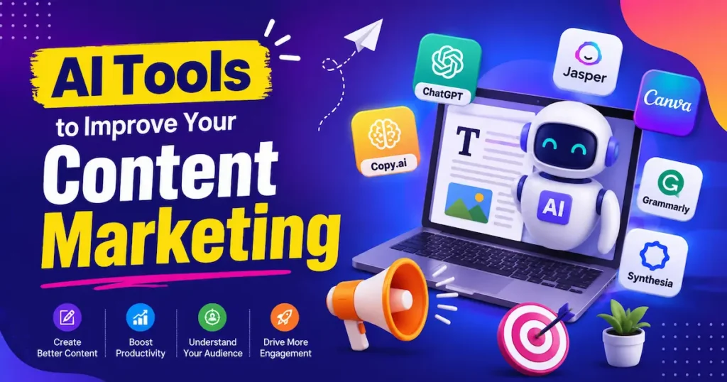 Colorful illustration showing AI tools for content marketing including ChatGPT, Canva, Jasper, Grammarly, and Copy.ai.