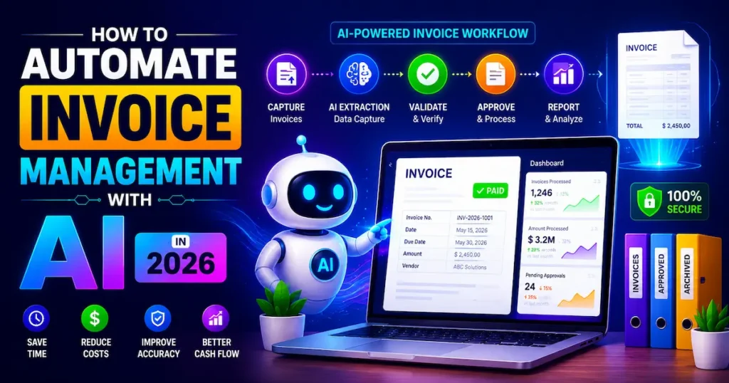 Colorful AI invoice management automation dashboard with robotic assistant and smart invoice workflow in 2026.