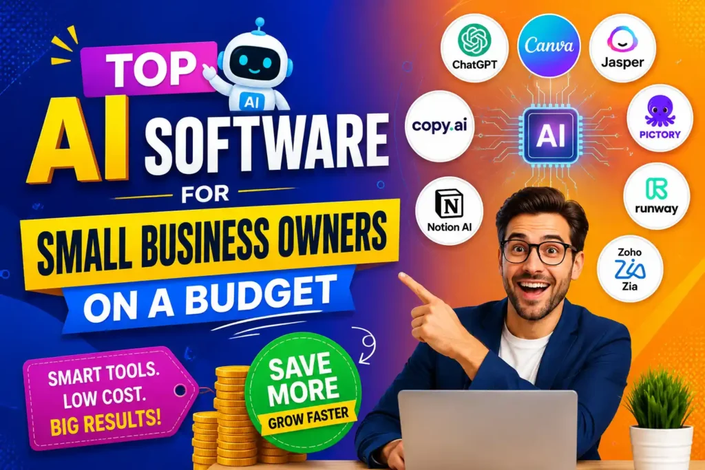 AI software for small business owners on a budget with AI tools icons and a businessman pointing at the title”