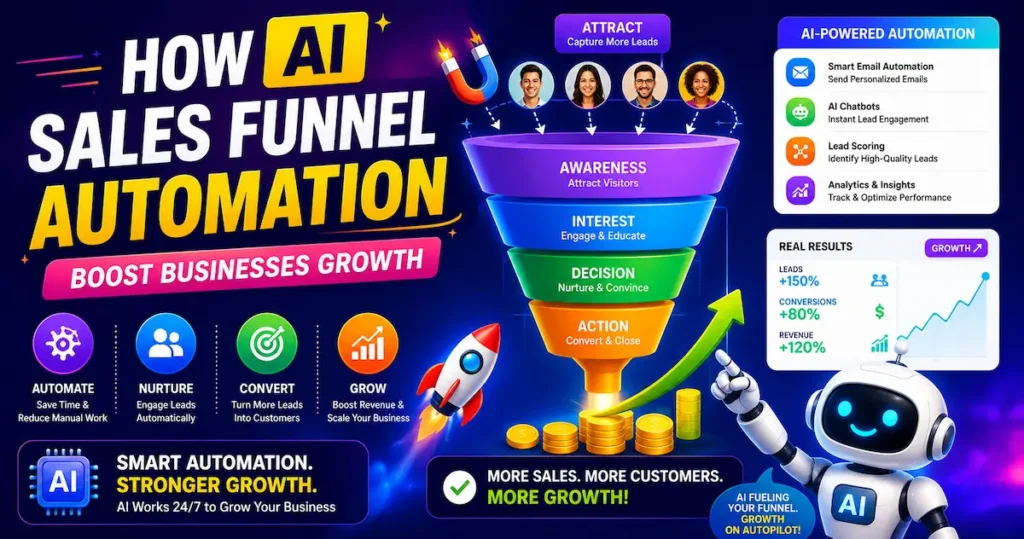 Colorful AI sales funnel automation banner showing a marketing funnel, AI robot, lead generation process, and business growth analytics dashboard.