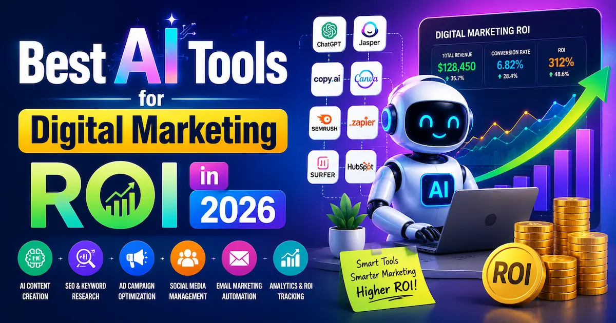Colorful infographic showing the best AI tools for digital marketing ROI in 2026, including AI-powered content creation, SEO optimization, social media management, email marketing automation, and analytics tracking.
