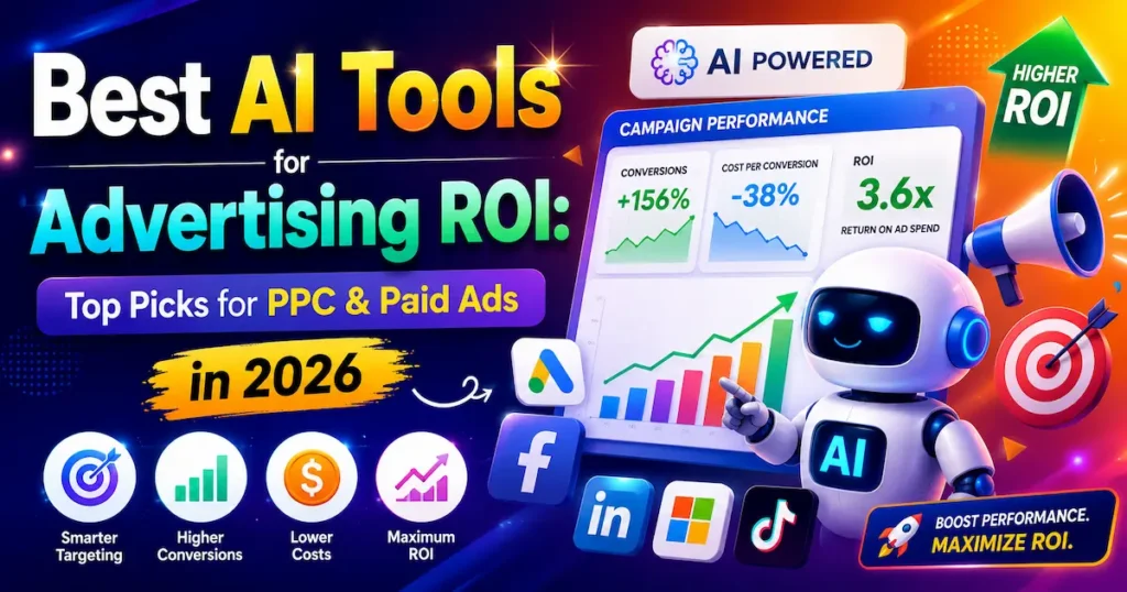 Best AI tools for advertising ROI in 2026 featuring PPC optimization, paid ads automation, AI marketing dashboards, and campaign performance analytics.