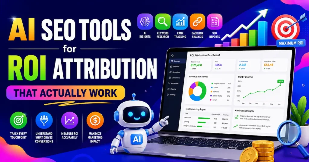 Colorful illustration showing AI SEO tools dashboard for ROI attribution, analytics tracking, keyword research, and marketing performance measurement.