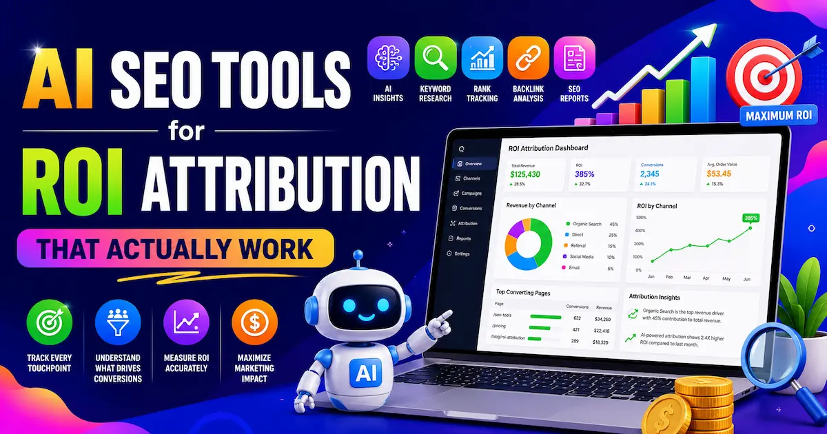 Colorful illustration showing AI SEO tools dashboard for ROI attribution, analytics tracking, keyword research, and marketing performance measurement.