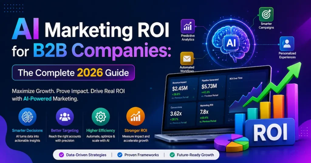 AI Marketing ROI for B2B Companies – Complete 2026 Guide featuring AI-powered analytics, automation, marketing dashboards, and ROI growth charts.