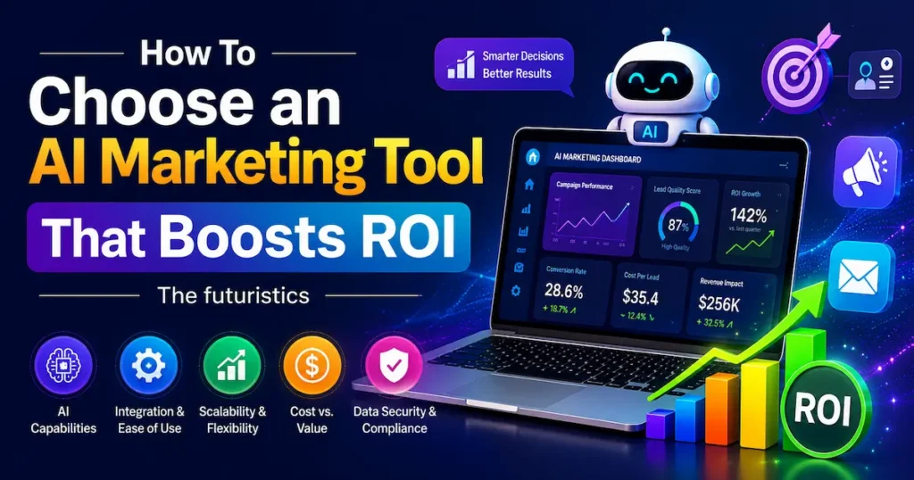 How to choose an AI marketing tool that boosts ROI featuring AI-powered analytics dashboard, automation tools, lead generation, and marketing performance metrics.