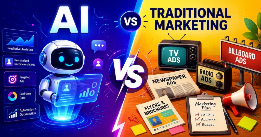 AI vs Traditional Marketing comparison showing modern AI digital marketing with automation, analytics and chatbot on left side and traditional marketing with TV ads, newspapers, radio and flyers on right side.