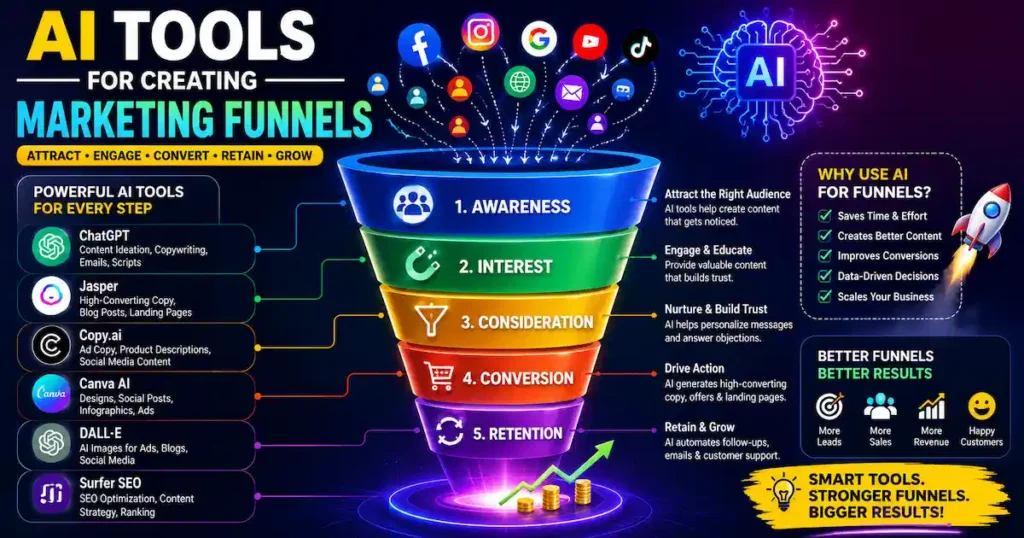 Colorful infographic showing AI tools for creating marketing funnels, including awareness, interest, consideration, conversion, and retention stages.