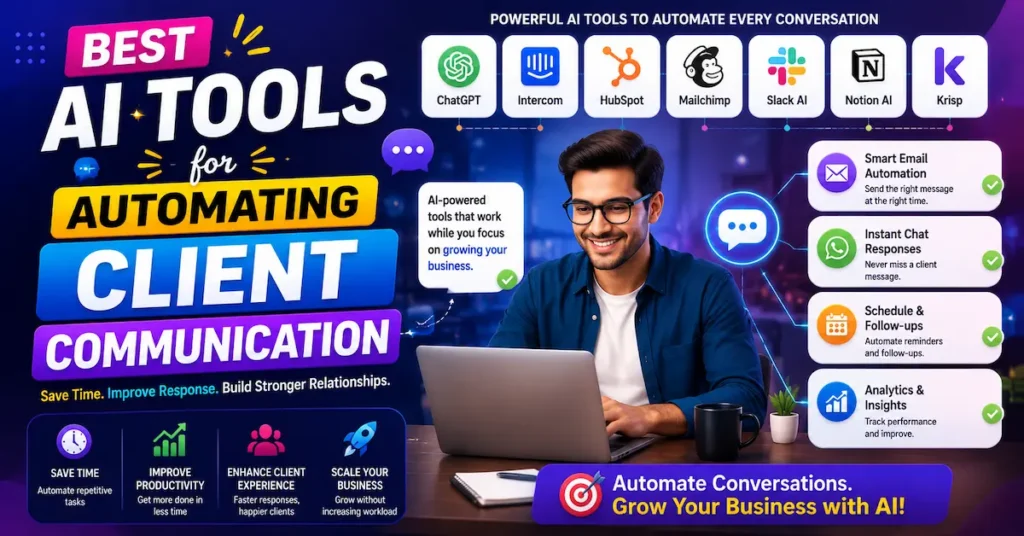 Professional using AI tools to automate client communication, email responses, chat support, follow-ups, and customer engagement