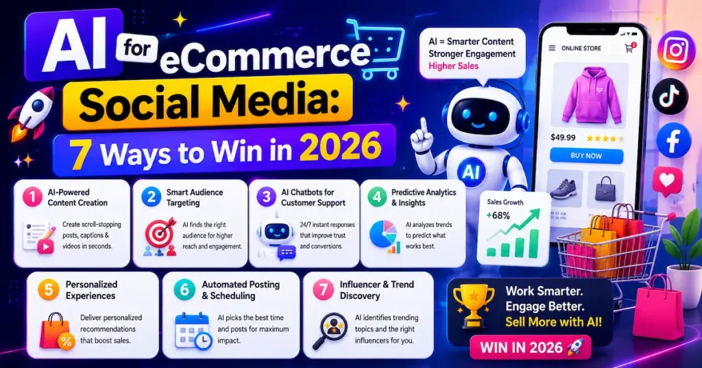 AI-powered eCommerce social media marketing dashboard showing content creation, audience targeting, chatbots, analytics, and sales growth strategies in 2026.