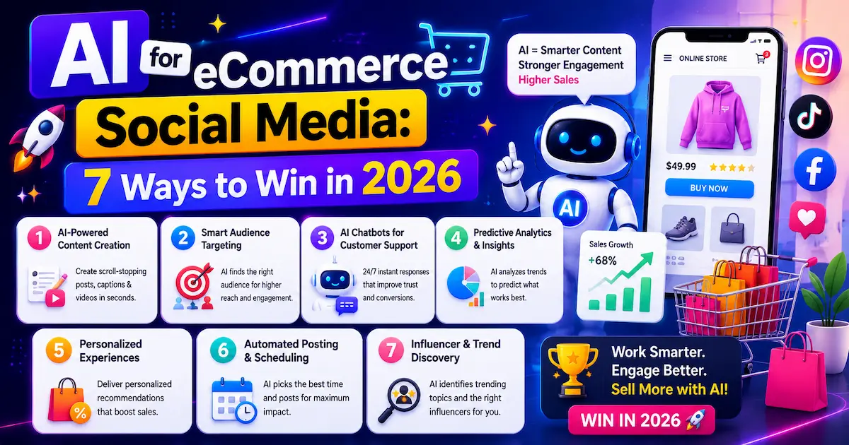 AI-powered eCommerce social media marketing dashboard showing content creation, audience targeting, chatbots, analytics, and sales growth strategies in 2026.