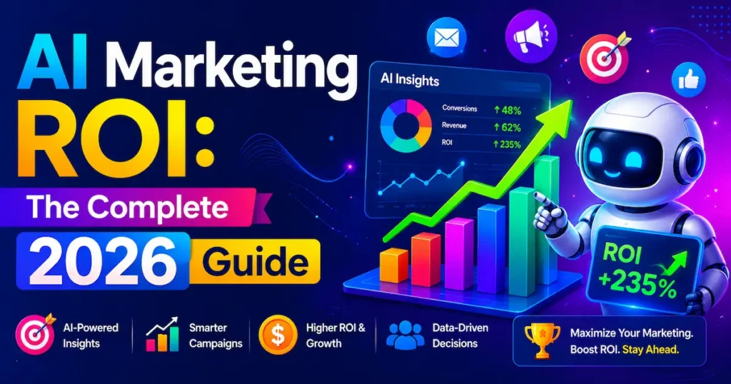 AI Marketing ROI 2026 guide featuring AI analytics dashboard, marketing performance charts, automation insights, and ROI growth metrics.