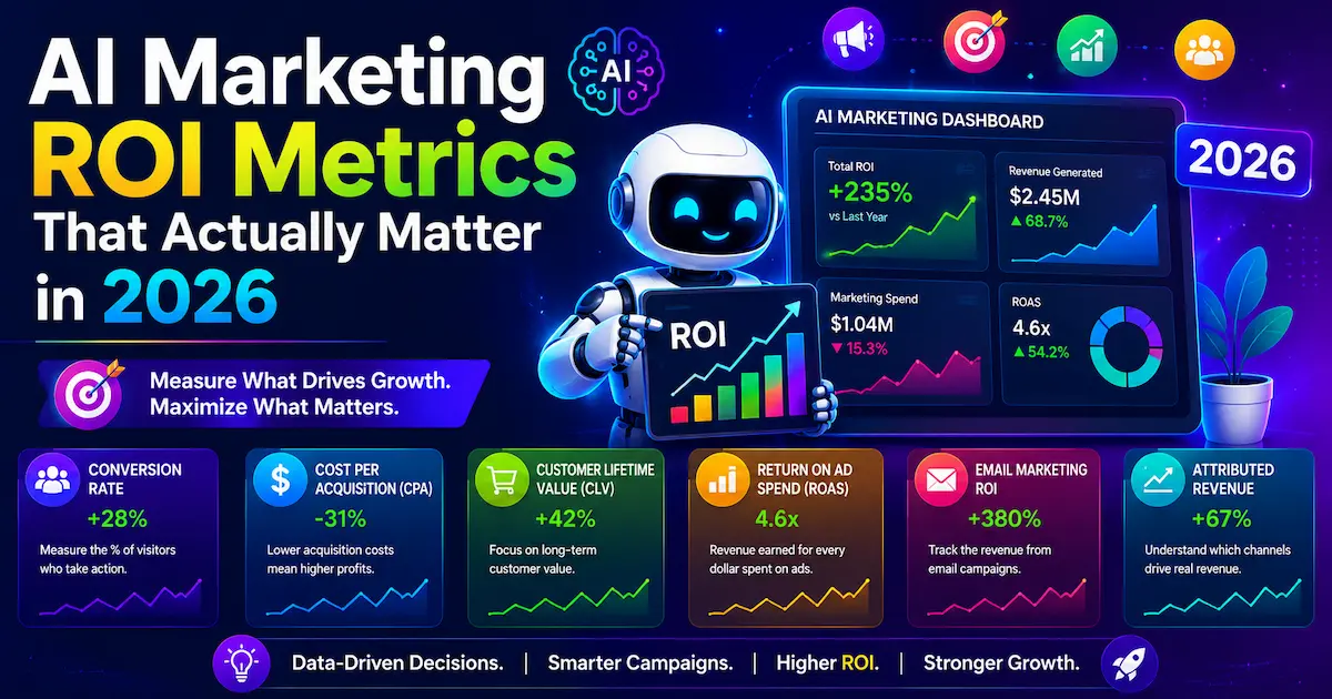 AI marketing ROI metrics dashboard showing conversion rate, customer lifetime value, ROAS, attributed revenue, and marketing performance analytics in 2026