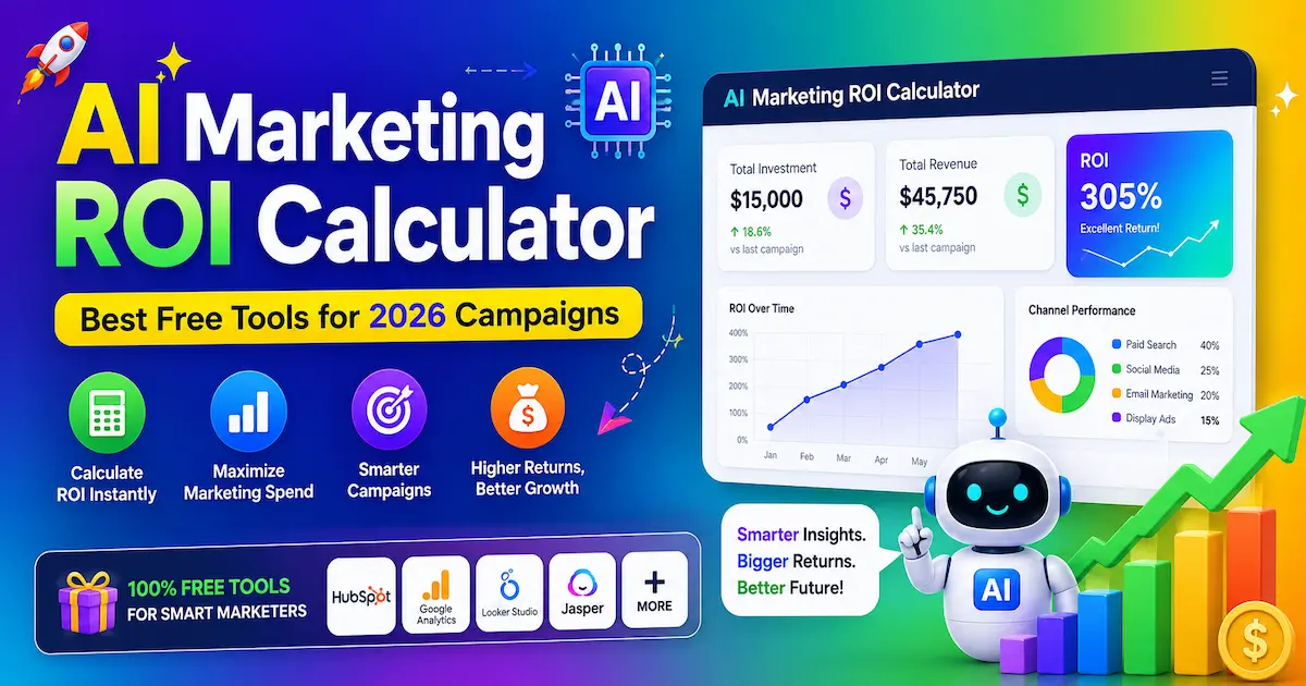 AI Marketing ROI Calculator dashboard showing ROI analytics, campaign performance metrics, marketing spend tracking, revenue growth charts, and free AI marketing tools for 2026 campaigns.