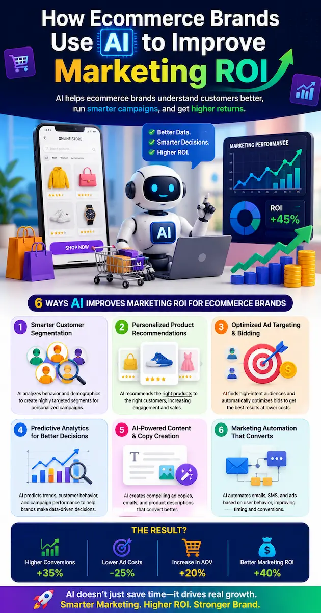 How ecommerce brands use AI to improve marketing ROI with personalized recommendations, customer segmentation, predictive analytics, and marketing automation.