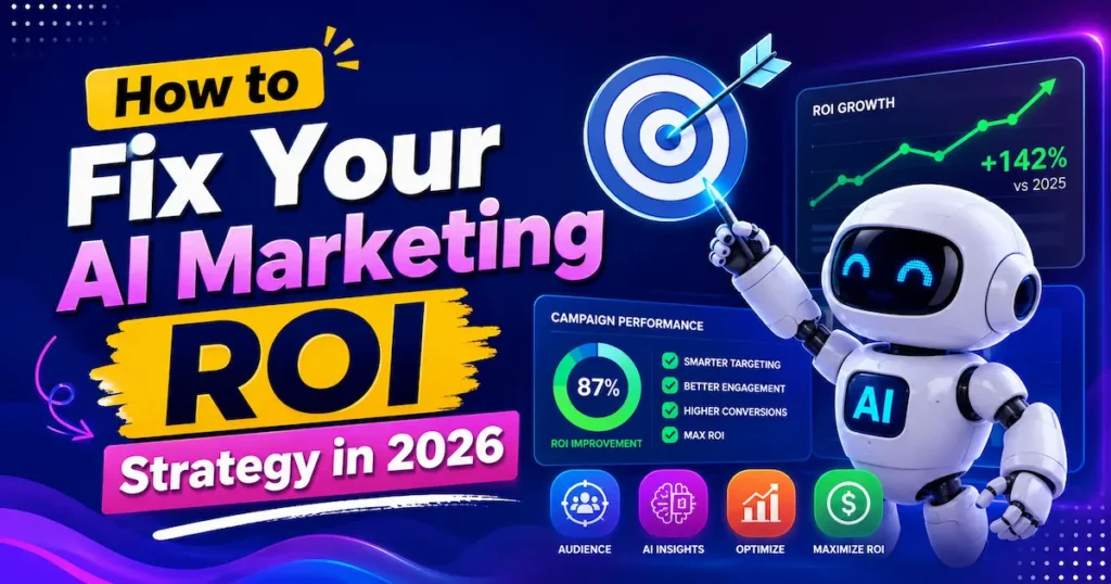 How to Fix Your AI Marketing ROI Strategy in 2026 featuring AI robot, ROI growth dashboard, and digital marketing analytics.