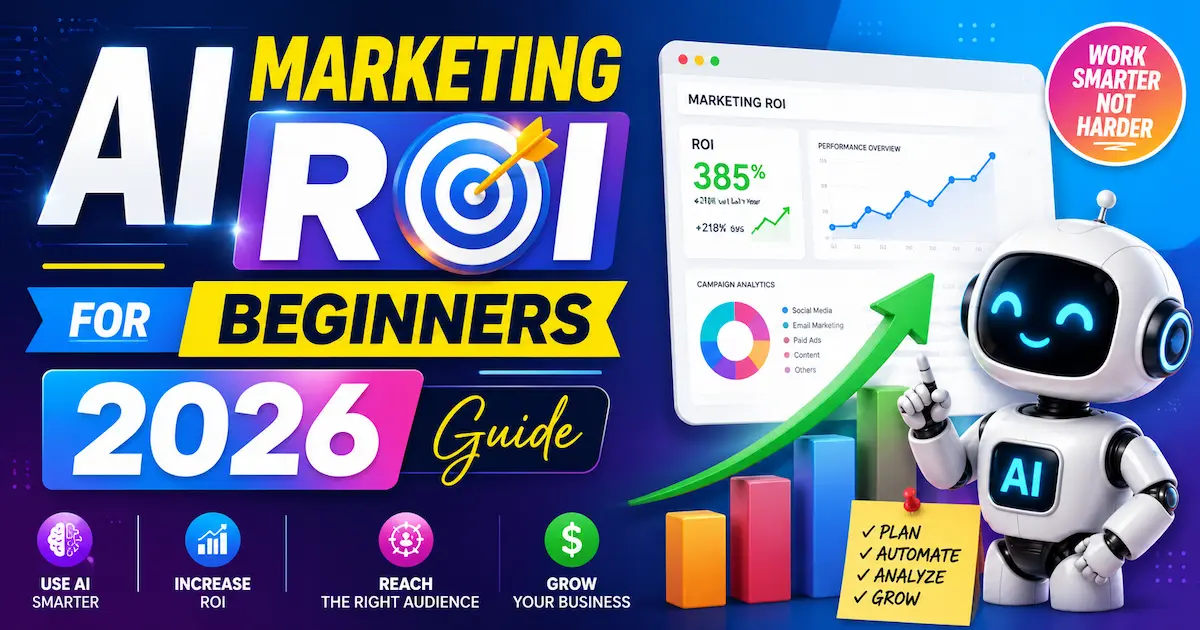 AI Marketing ROI for Beginners 2026 Guide featuring an AI robot, marketing analytics dashboard, ROI growth chart, and colorful digital marketing graphics for beginners.