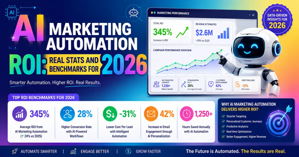 Colorful AI Marketing Automation ROI infographic showing 2026 statistics, performance benchmarks, automation dashboard, chatbot, conversion growth, and marketing analytics.