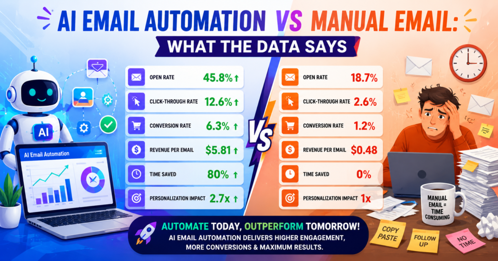 AI email automation vs manual email comparison showing email engagement, conversions, personalization, and time-saving benefits