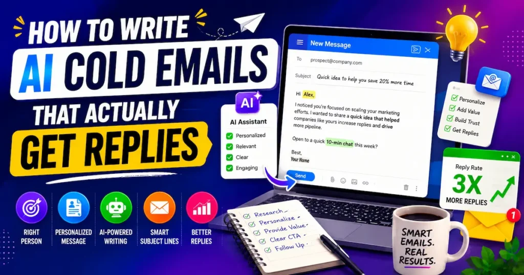 Colorful infographic showing how to write AI cold emails with personalization, smart subject lines, clear calls to action, and strategies to get more replies