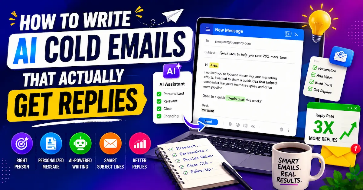 Colorful infographic showing how to write AI cold emails with personalization, smart subject lines, clear calls to action, and strategies to get more replies