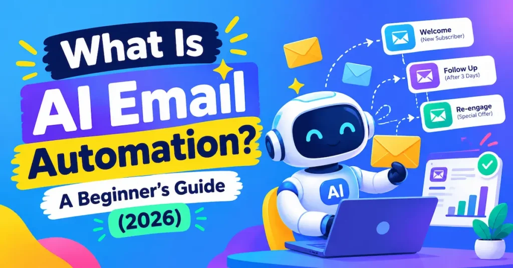 AI email automation beginner’s guide showing an AI robot managing automated email campaigns and follow-ups