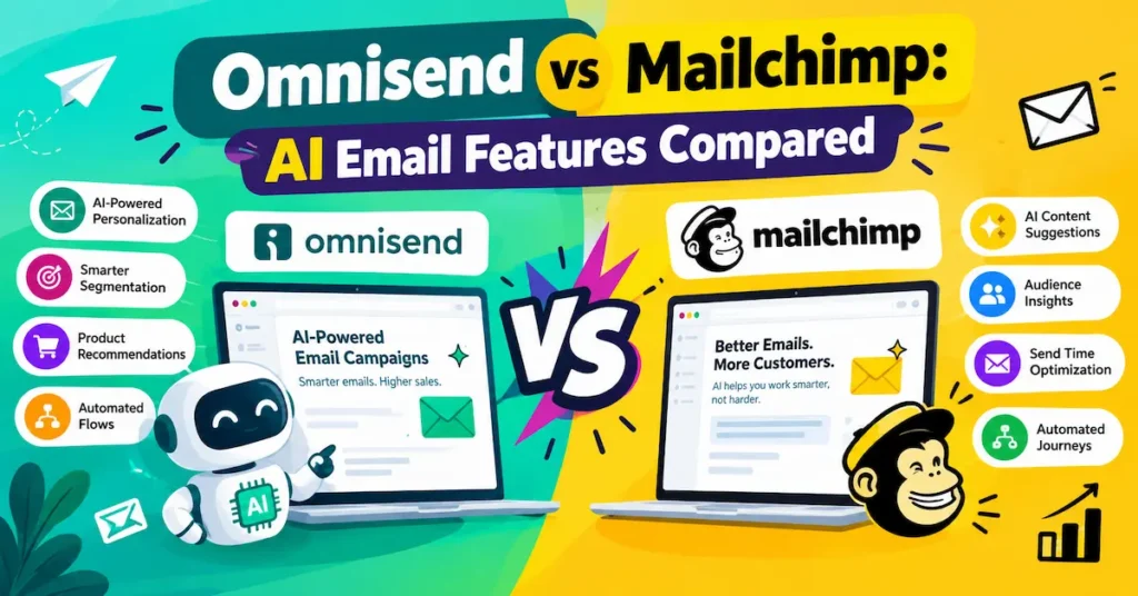 Omnisend vs Mailchimp comparison of AI email marketing features, automation, personalization, and audience insights.
